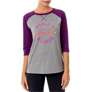 WORLD’S OKAY-EST RUNNER Grey and Purple Graphic Baseball T-Shirt Size Medium